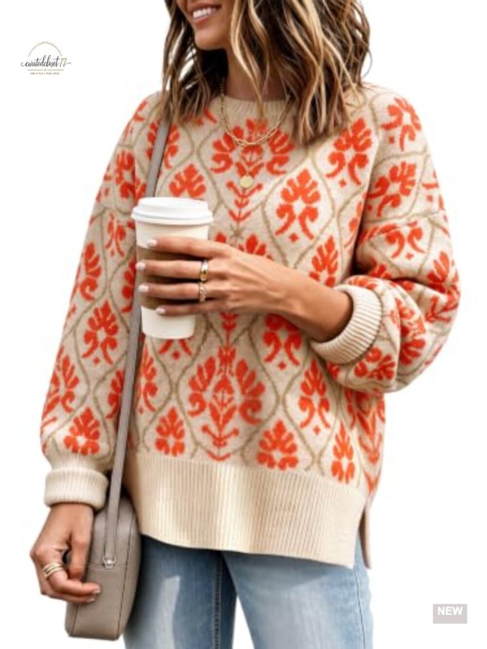 Oversized Floral Knit Sweater Crew Neck Long Sleeve Pullover